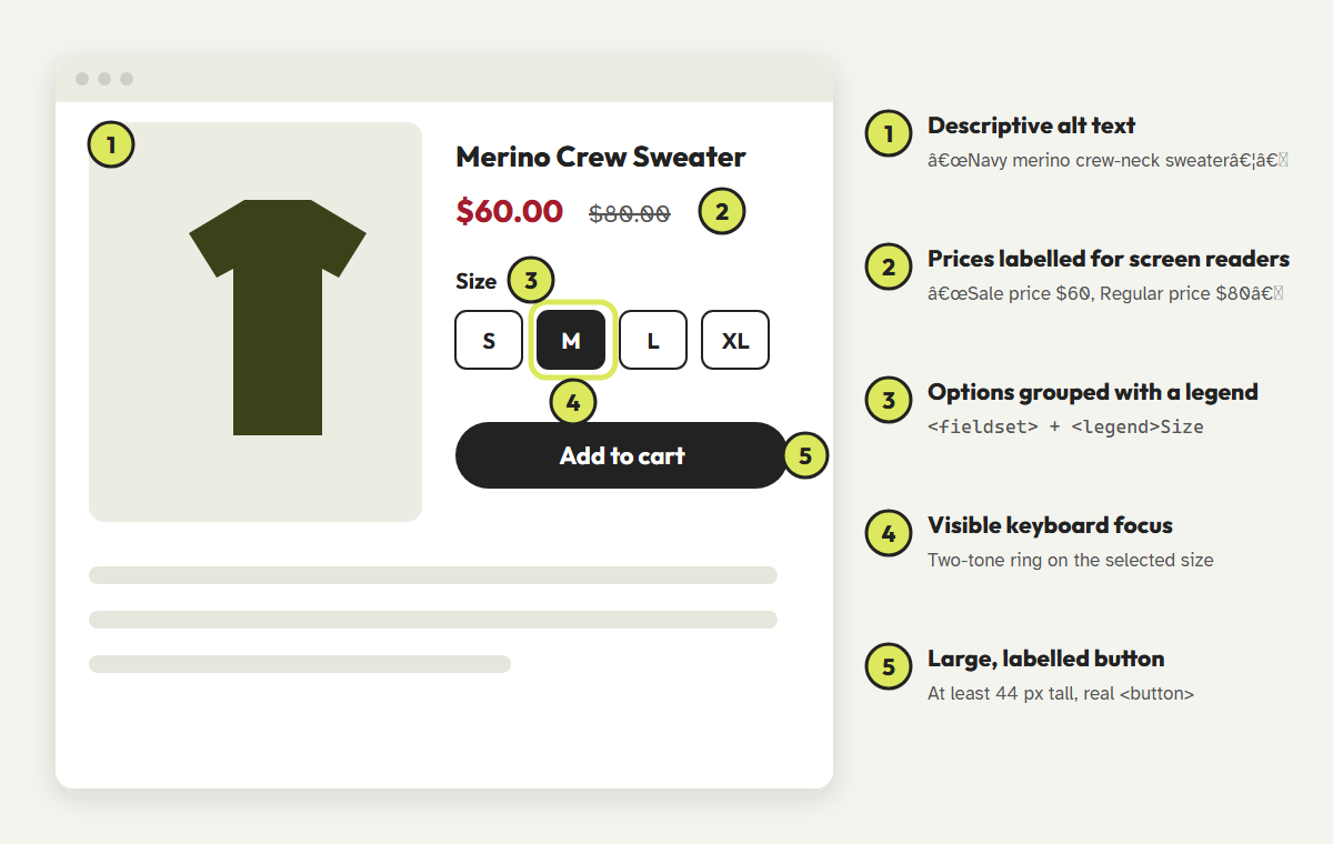 An annotated Shopify product page showing five accessibility fixes: descriptive alt text on the product photo, sale and regular prices labelled for screen readers, size options grouped with a visible legend, a visible keyboard focus ring on the selected size, and an Add to cart button at least 44 pixels tall.