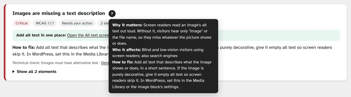 Issue card for images missing a text description, with its "?" explanation open
