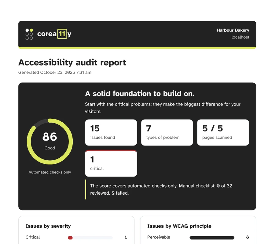 First page of a CoreA11y PDF audit report, with a score of 86