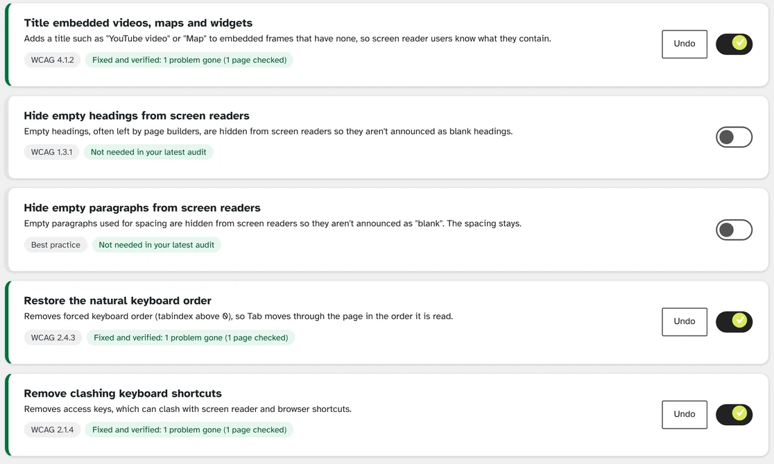 Quick fixes screen: three fixes on, each marked Fixed and verified, with Undo buttons